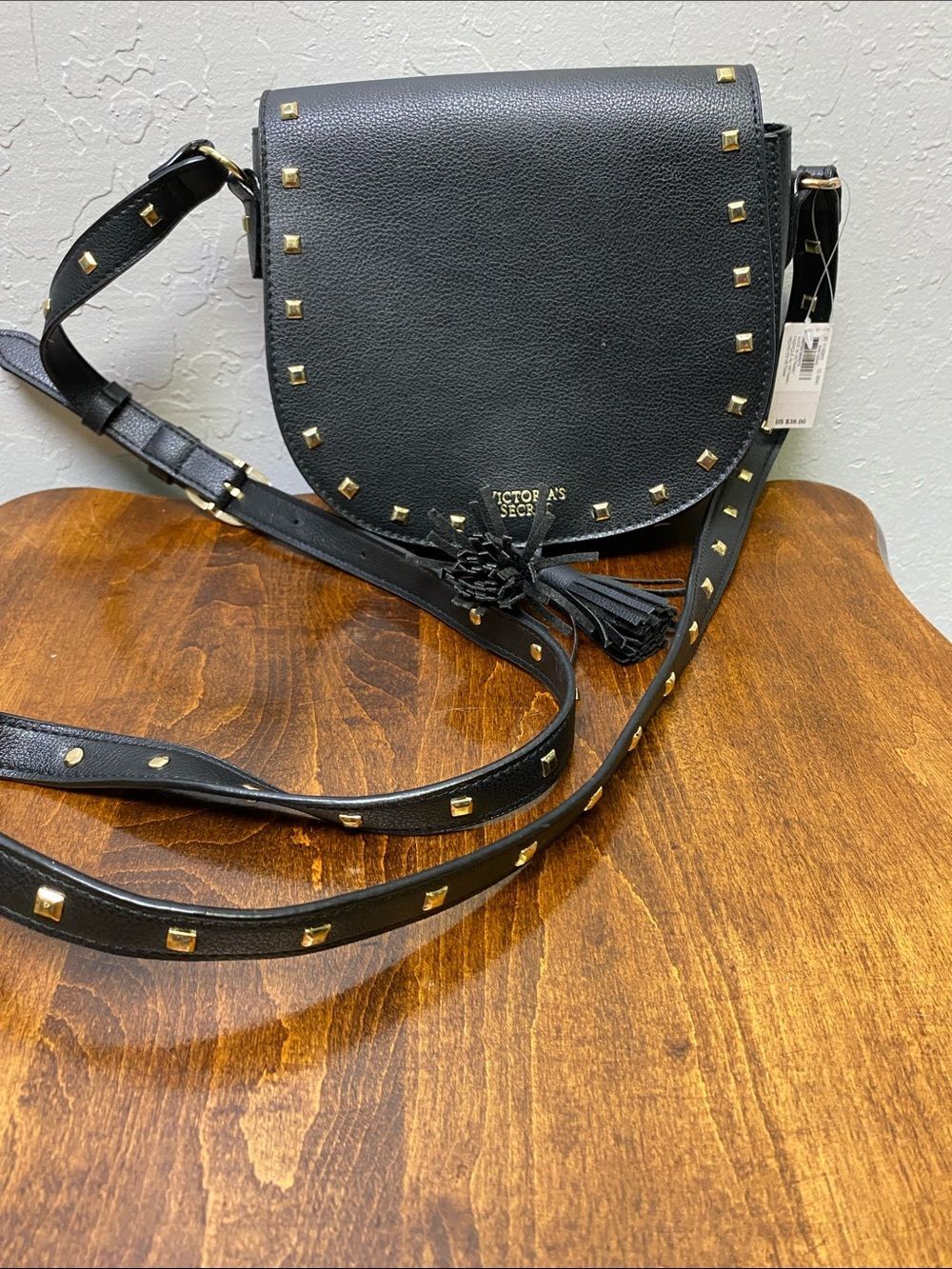 NWT Victoria's Secret Black Studded Crossbody Saddle Bag Tassel